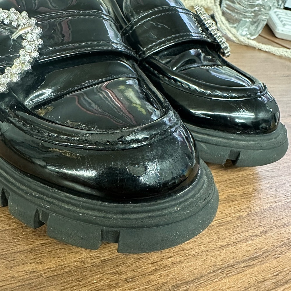 Steve Madden Hailey Chunky Heel Black vegan Patent Bling Buckle size 13 - Picture 10 of 10